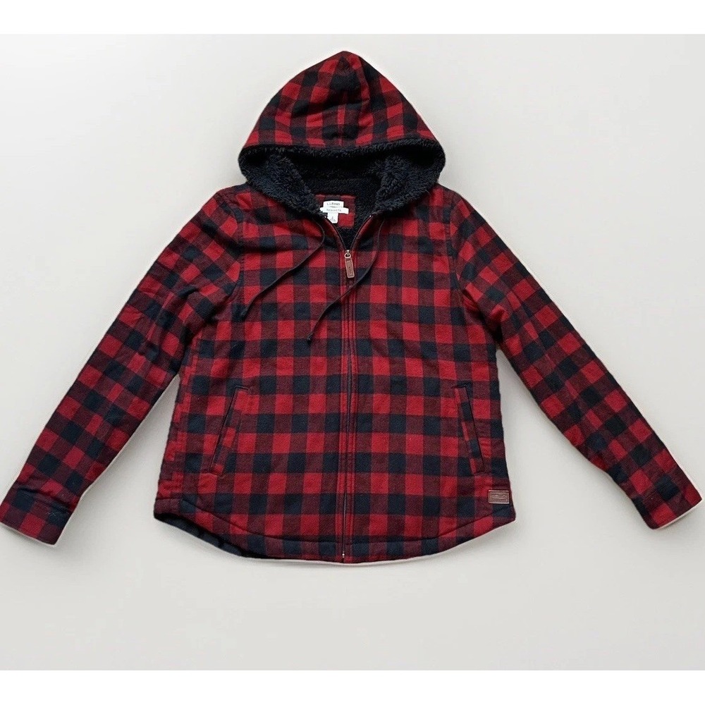 L.L. Bean Women Red Black Buffalo Plaid Sherpa-Lined Zip Hoodie Shacket S 505453